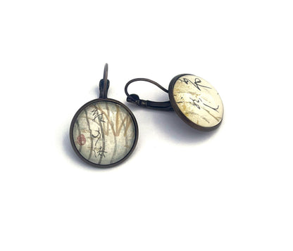 1988 Basho Matsuo Poem - Japan Postage Stamp Jewelry - Vintage Postage Stamp Earrings - French clip earrings in antique bronze finish