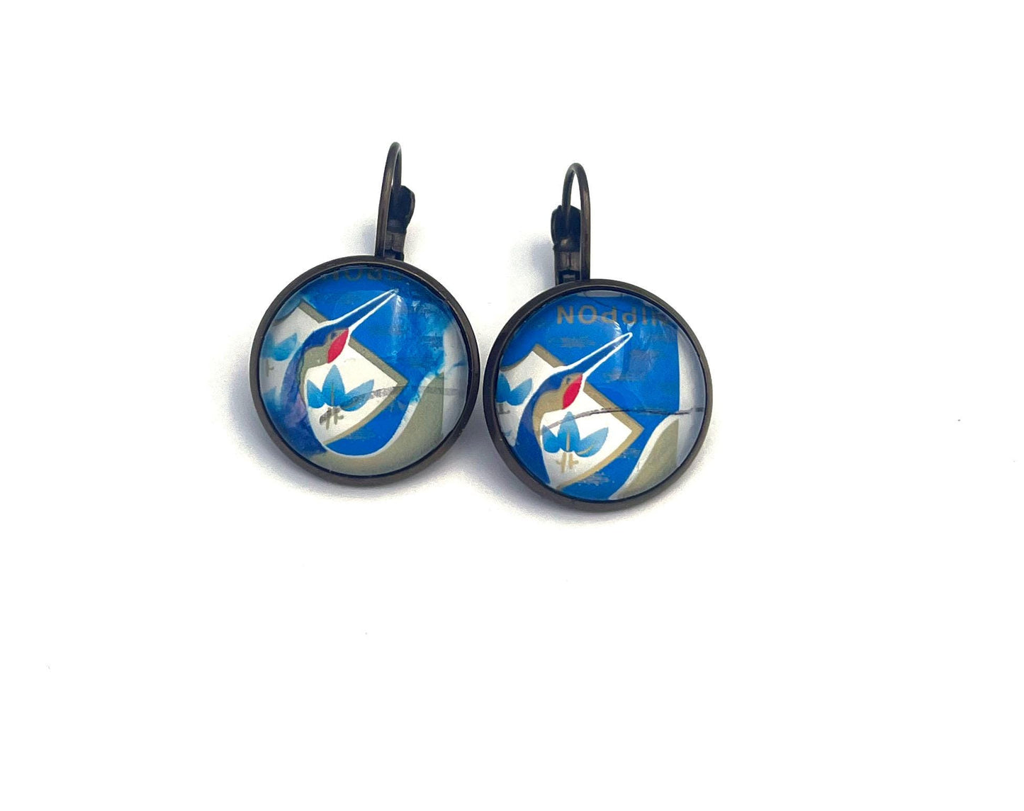 2019 Blue Crane - Japan Stamp - Postage stamp jewelry - Vintage Postage Stamp Earrings - French clip earrings in antique bronze finish