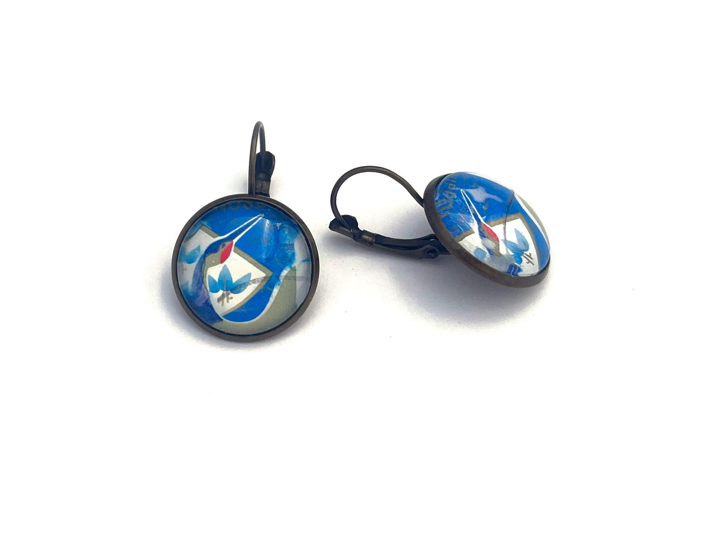 2019 Blue Crane - Japan Stamp - Postage stamp jewelry - Vintage Postage Stamp Earrings - French clip earrings in antique bronze finish