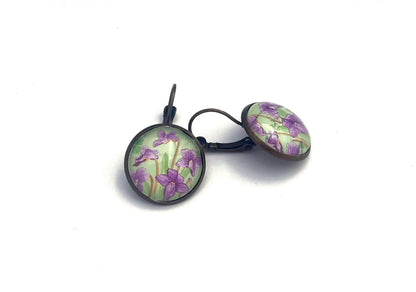 2019 Violet - Japan Stamp - Postage stamp jewelry - Vintage Postage Stamp Earrings - French clip earrings in antique bronze finish