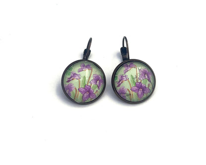 2019 Violet - Japan Stamp - Postage stamp jewelry - Vintage Postage Stamp Earrings - French clip earrings in antique bronze finish