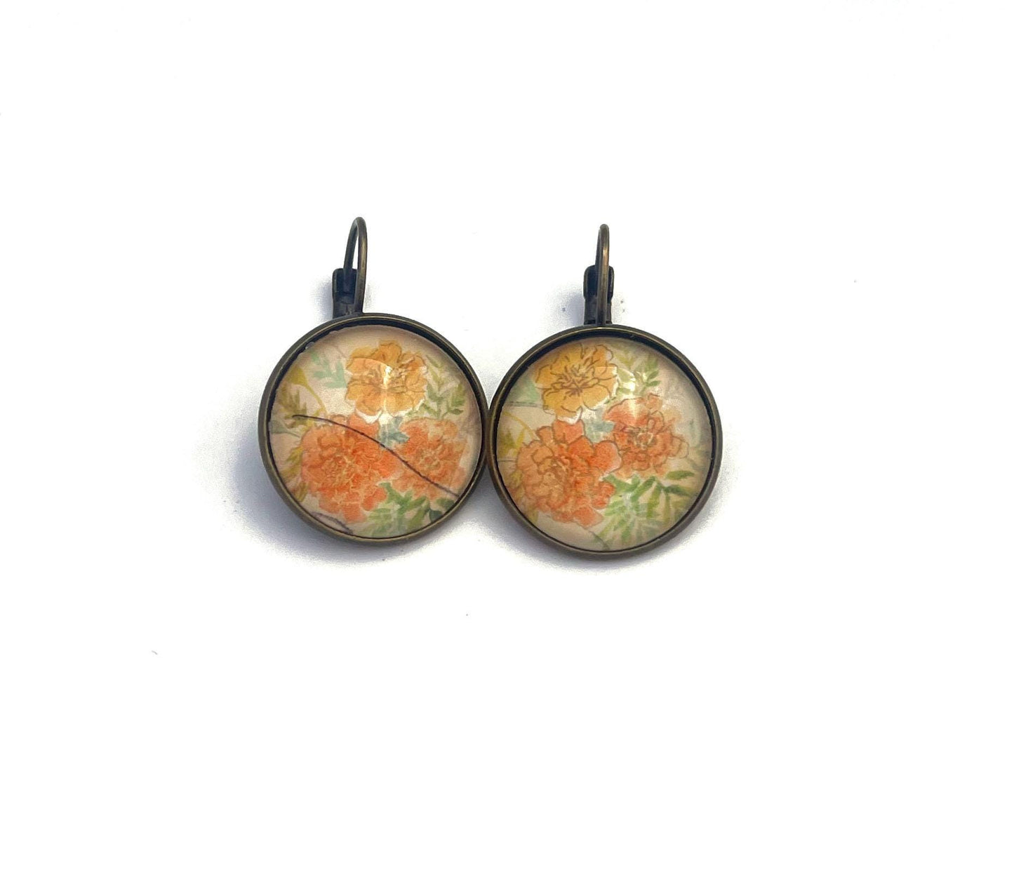 2022 Marigold - Japan Stamp - Postage stamp jewelry - Vintage Postage Stamp Earrings - French clip earrings in antique bronze finish