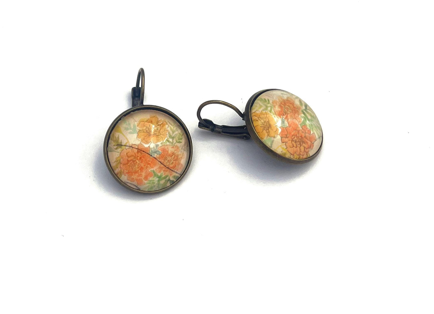 2022 Marigold - Japan Stamp - Postage stamp jewelry - Vintage Postage Stamp Earrings - French clip earrings in antique bronze finish