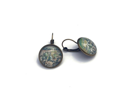 1964 South-East-Vienna - Austria Stamp - Postage stamp jewelry - Vintage Postage Stamp Earrings - French clip earrings in antique bronze