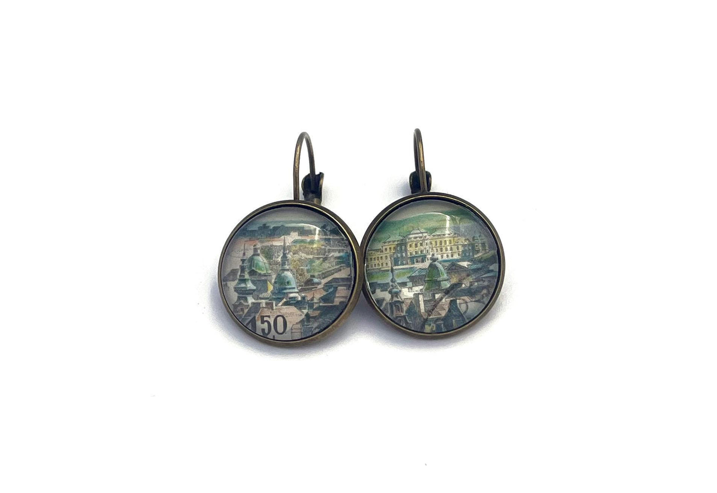 1964 South-East-Vienna - Austria Stamp - Postage stamp jewelry - Vintage Postage Stamp Earrings - French clip earrings in antique bronze