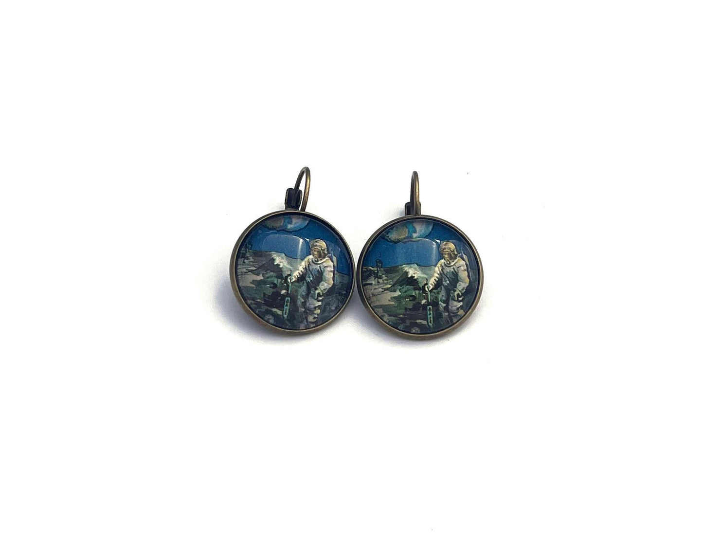 1969 Poland Space Stamp - Postage stamp jewelry - Vintage Postage Stamp Earrings - French clip earrings in antique bronze finish