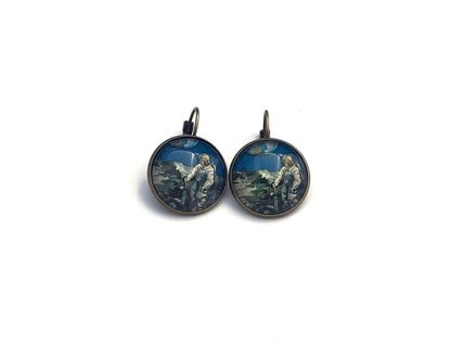 1969 Poland Space Stamp - Postage stamp jewelry - Vintage Postage Stamp Earrings - French clip earrings in antique bronze finish