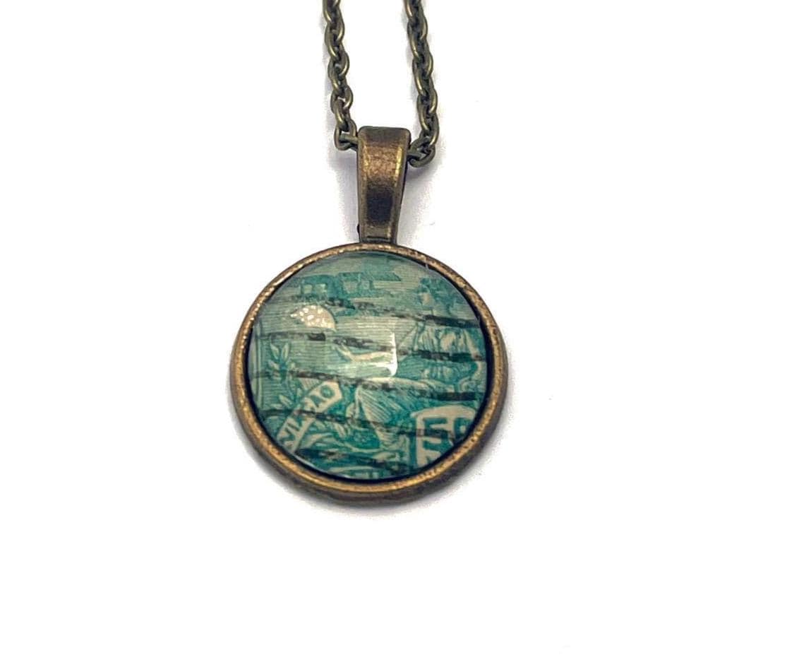 1931 Aviation Brazil Stamp - Postage Stamp Jewelry - Vintage Postage Stamp Necklace - Antique Bronze Finish