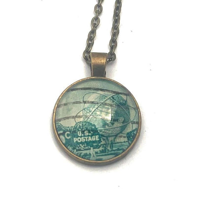 1964 World's Fair US Stamp - Postage Stamp Jewelry - Vintage Postage Stamp Necklace - Antique Bronze