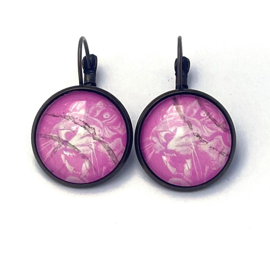 1973 Pink Tiger - Bangladesh Stamp - Postage stamp jewelry - Vintage Postage Stamp Earrings - French clip earrings in antique bronze finish