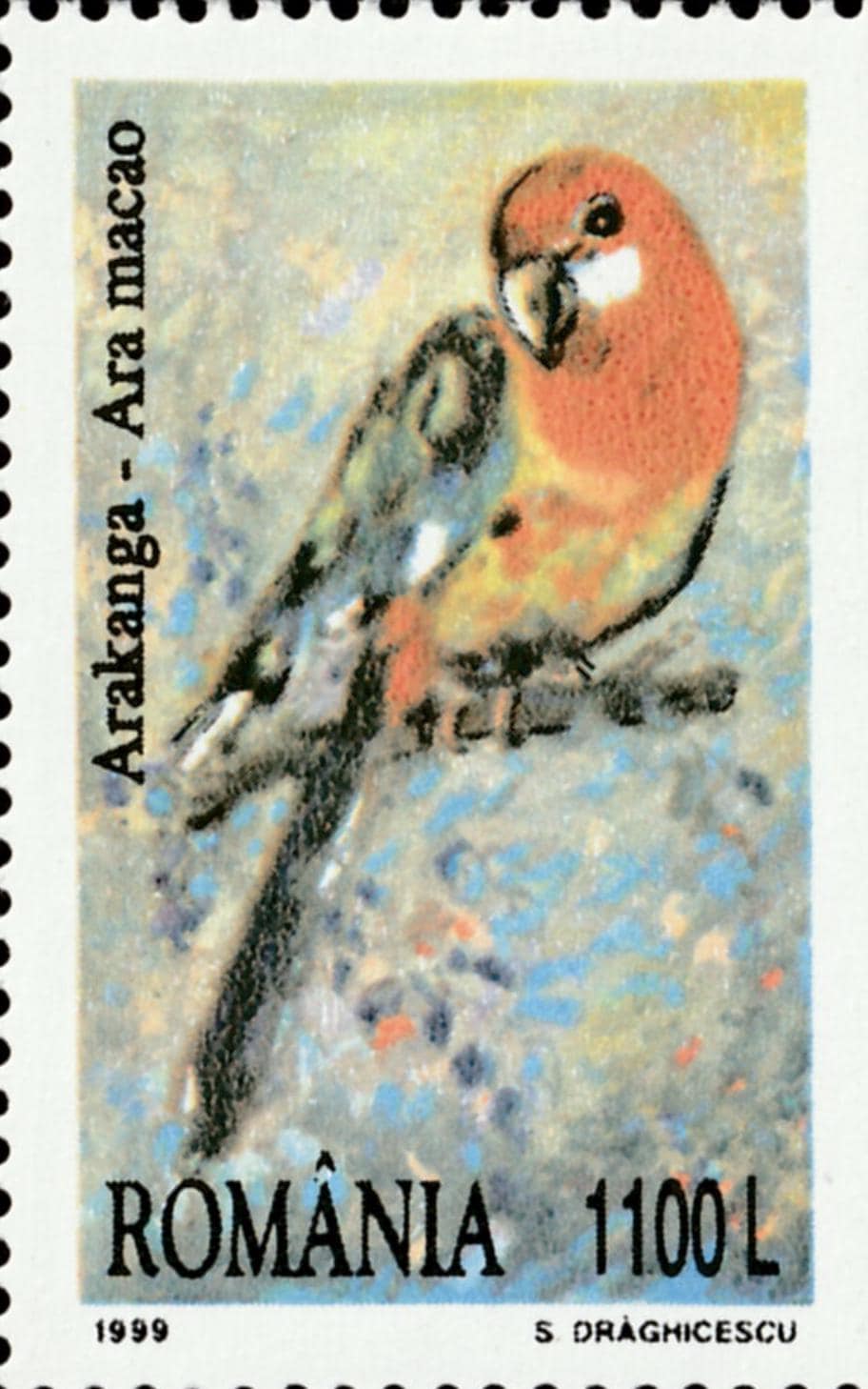 1999 Scarlet Macaw - Romania Stamp - Postage stamp jewelry - Postage Stamp Necklace