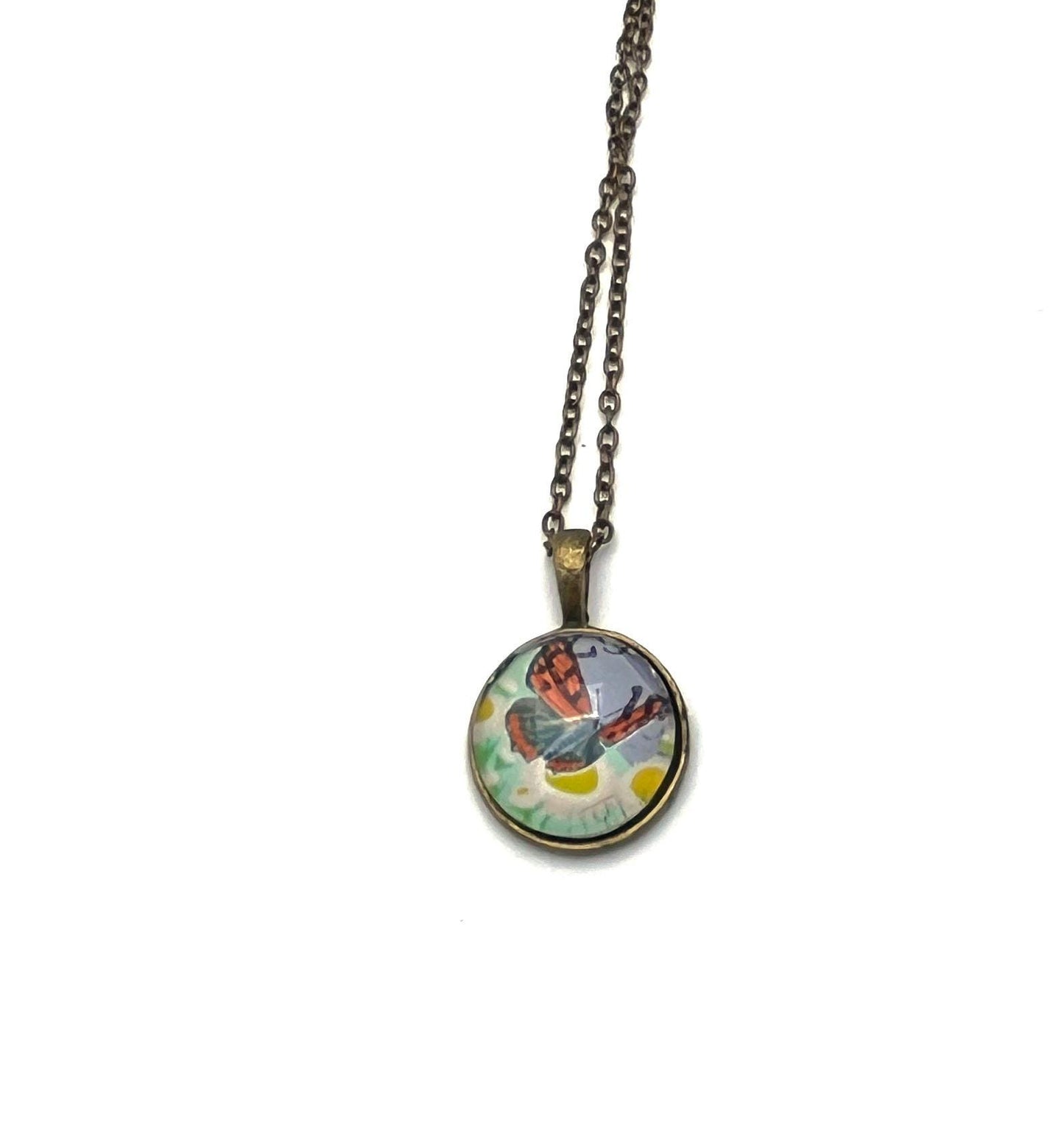 1997 Butterfly - Japan Postage Stamp Jewelry - Vintage Postage Stamp Necklace - Antique Bronze Finish