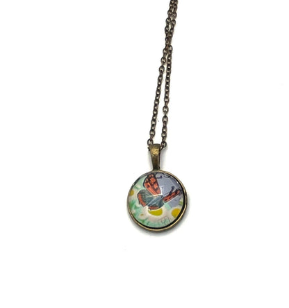 1997 Butterfly - Japan Postage Stamp Jewelry - Vintage Postage Stamp Necklace - Antique Bronze Finish