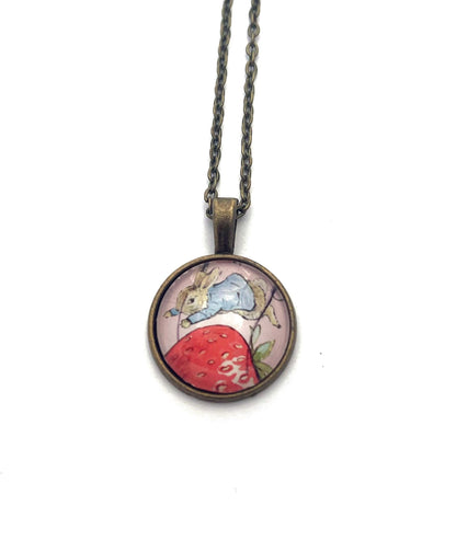 2021 Peter Rabbit & Strawberry - Japan Stamp - Postage Stamp Jewelry - Vintage Postage Stamp Necklace - Antique Bronze