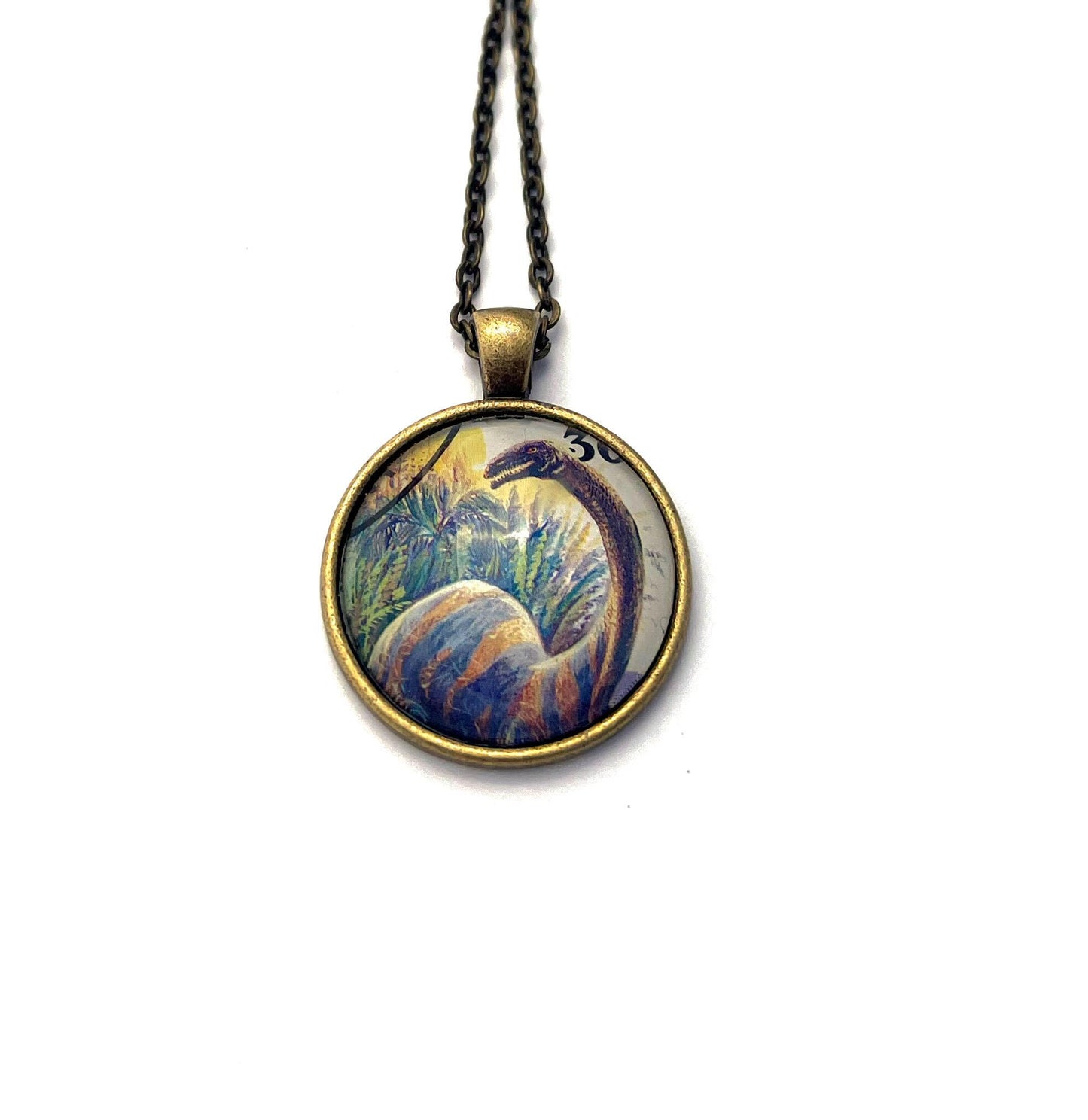 1991 Plateosaurus - Tanzania Postage Stamp Jewelry - Vintage Postage Stamp Necklace - Antique Bronze
