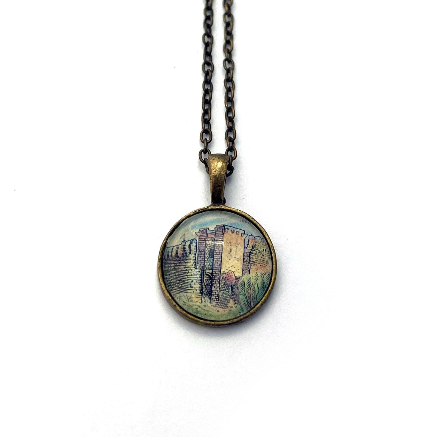 1980 Bosa Castle - Italy Stamp - Postage Stamp Jewelry - Vintage Postage Stamp Necklace - Antique Bronze Finish