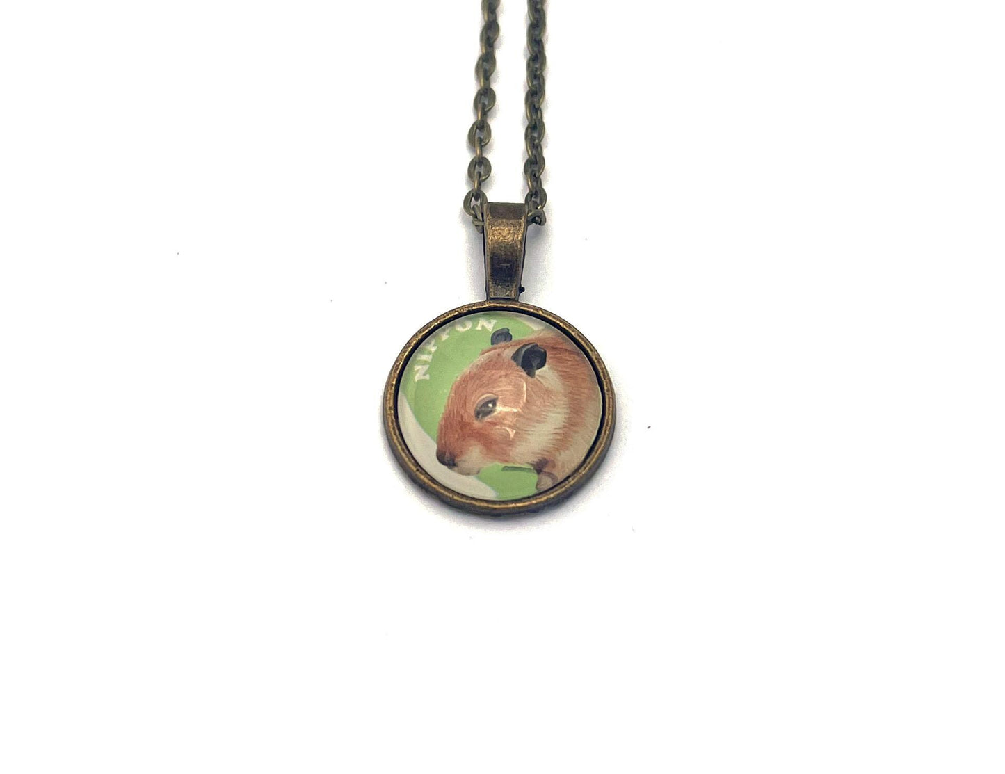 2014 Capybara - Japan Stamp - Postage Stamp Jewelry - Vintage Postage Stamp Necklace - Antique Bronze Finish