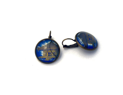 1968 Chusonji Temple -Japan Stamp - Postage stamp jewelry - Vintage Postage Stamp Earrings - French clip earrings in antique bronze finish