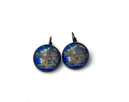 1968 Chusonji Temple -Japan Stamp - Postage stamp jewelry - Vintage Postage Stamp Earrings - French clip earrings in antique bronze finish