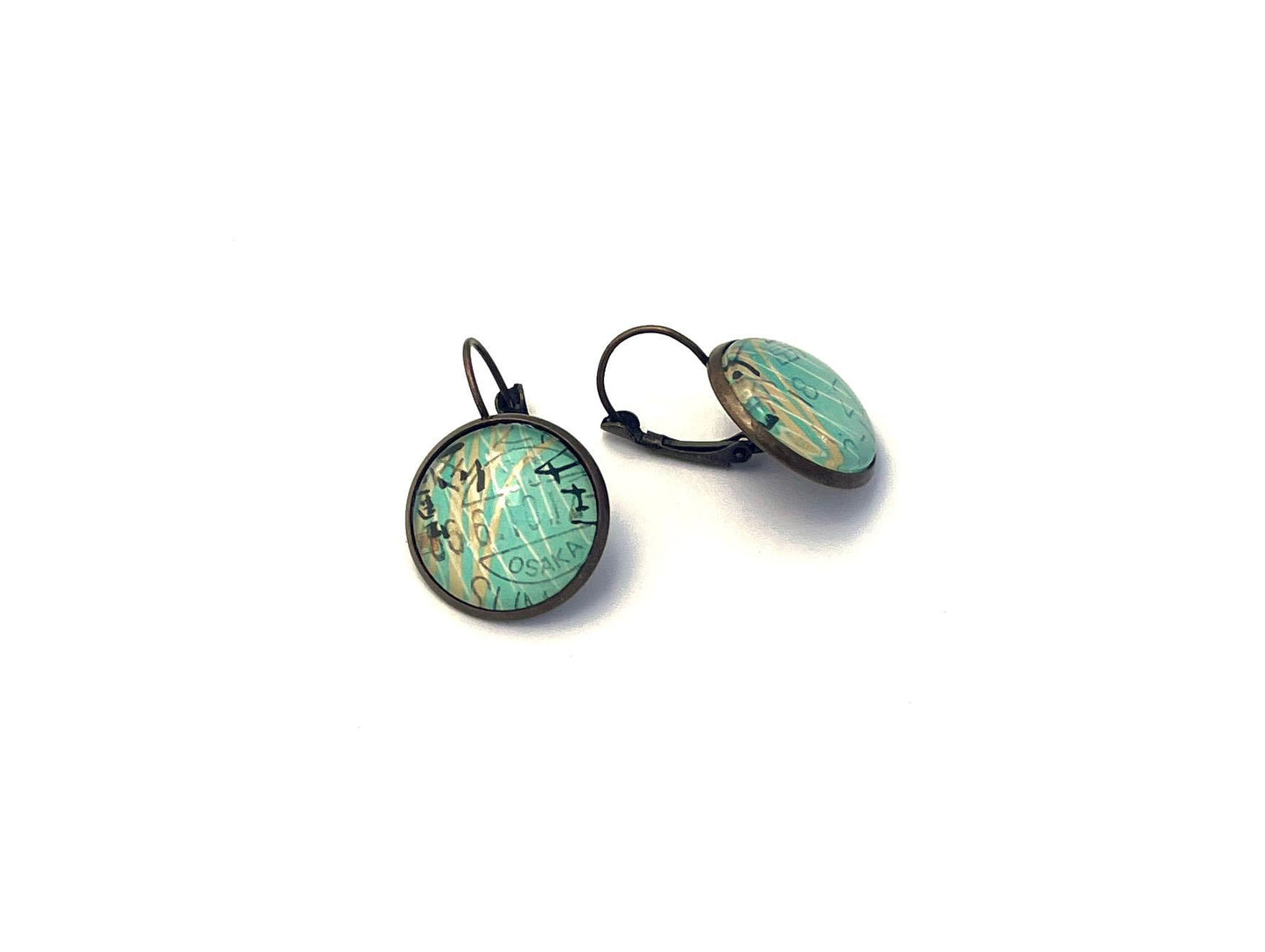 1988 Basho Matsuo Poem - Japan Postage Stamp Jewelry - Vintage Postage Stamp Earrings - French clip earrings in antique bronze finish