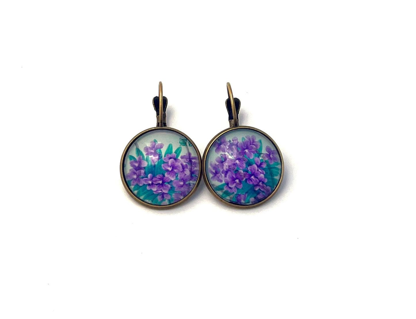 2014 Violets - Japan Stamp - Postage stamp jewelry - Vintage Postage Stamp Earrings - French clip earrings in antique bronze finish