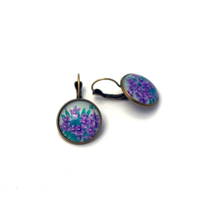 2014 Violets - Japan Stamp - Postage stamp jewelry - Vintage Postage Stamp Earrings - French clip earrings in antique bronze finish