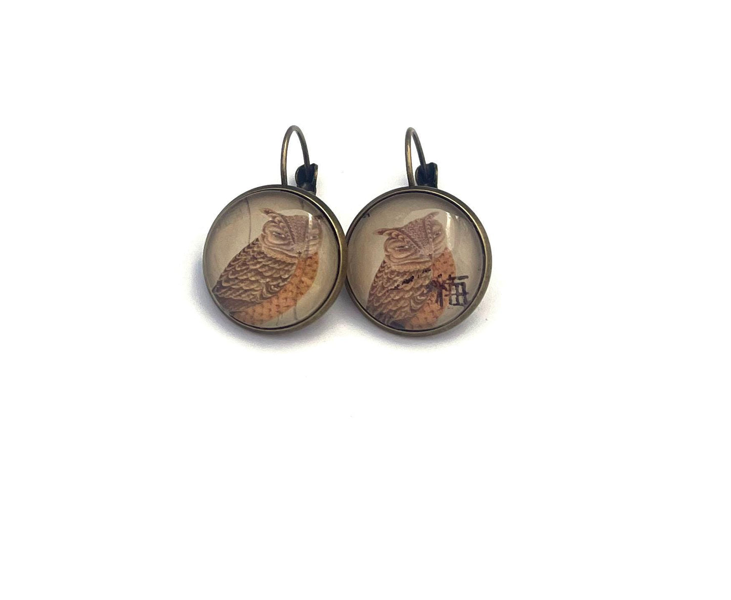 2022 Owl - Japan Stamp - Postage stamp jewelry - Vintage Postage Stamp Earrings - French clip earrings in antique bronze finish