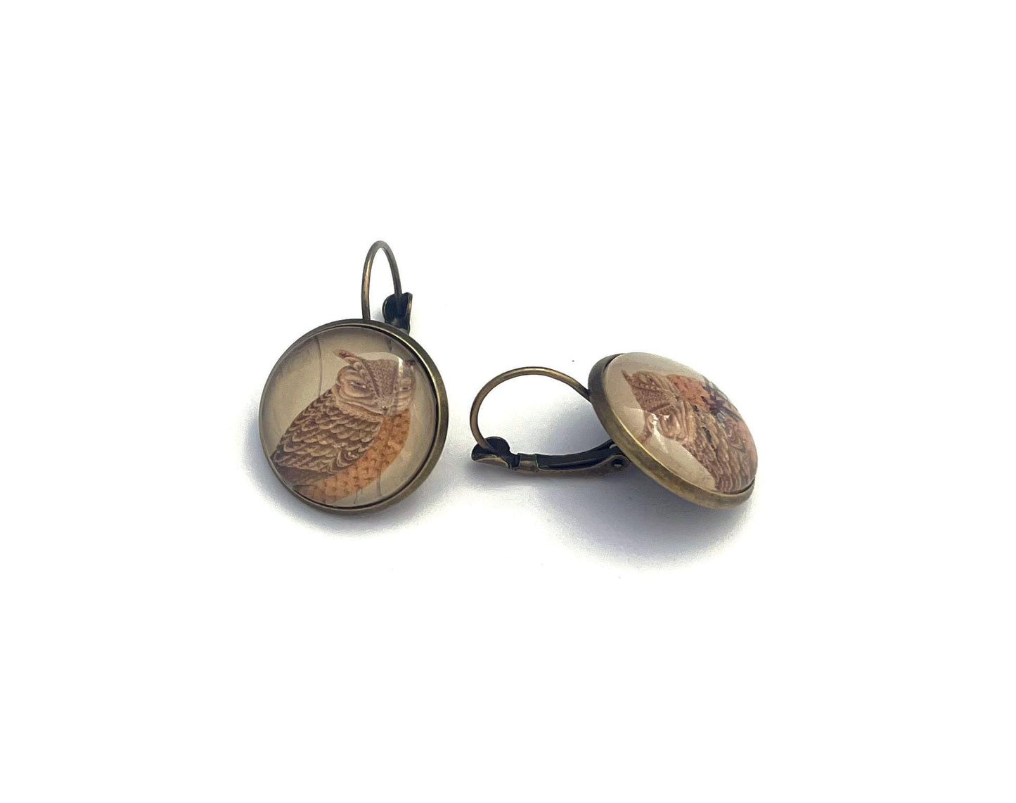2022 Owl - Japan Stamp - Postage stamp jewelry - Vintage Postage Stamp Earrings - French clip earrings in antique bronze finish