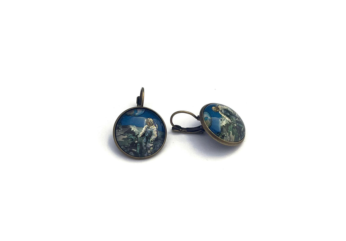 1969 Poland Space Stamp - Postage stamp jewelry - Vintage Postage Stamp Earrings - French clip earrings in antique bronze finish