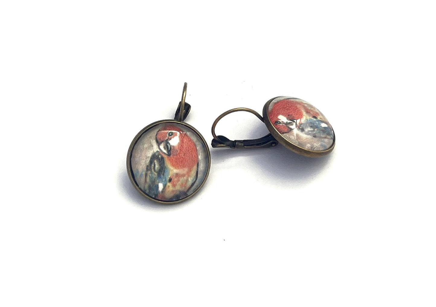 1999 Scarlet Macaw - Romania Stamp - Postage stamp jewelry - Vintage Postage Stamp Earrings - French clip earrings in antique bronze finish