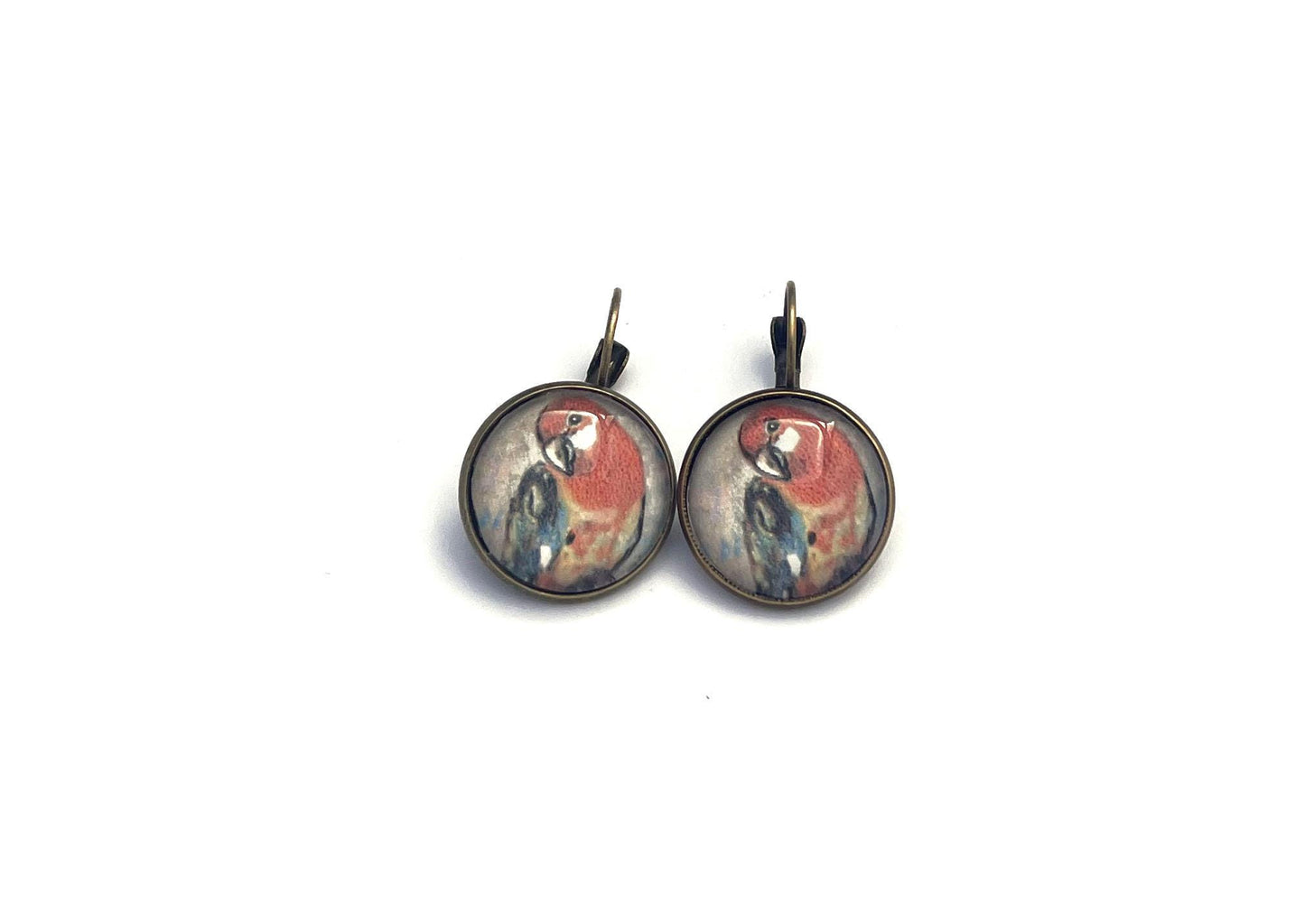 1999 Scarlet Macaw - Romania Stamp - Postage stamp jewelry - Vintage Postage Stamp Earrings - French clip earrings in antique bronze finish