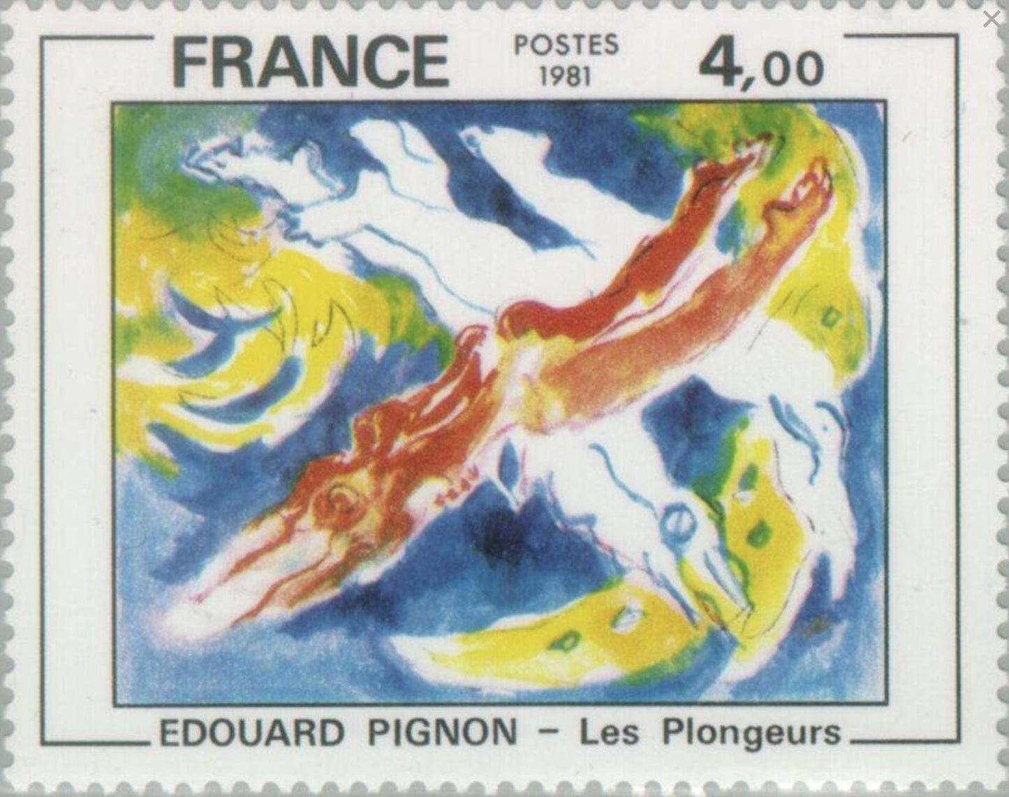 1981 Edouard Pignon "Divers" - France Stamp - Postage stamp jewelry - Vintage Postage Stamp Earrings - French clip earrings antique bronze