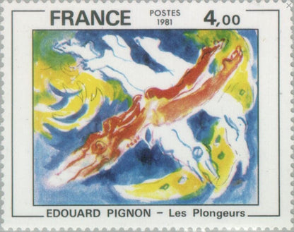 1981 Edouard Pignon "Divers" - France Stamp - Postage stamp jewelry - Vintage Postage Stamp Earrings - French clip earrings antique bronze