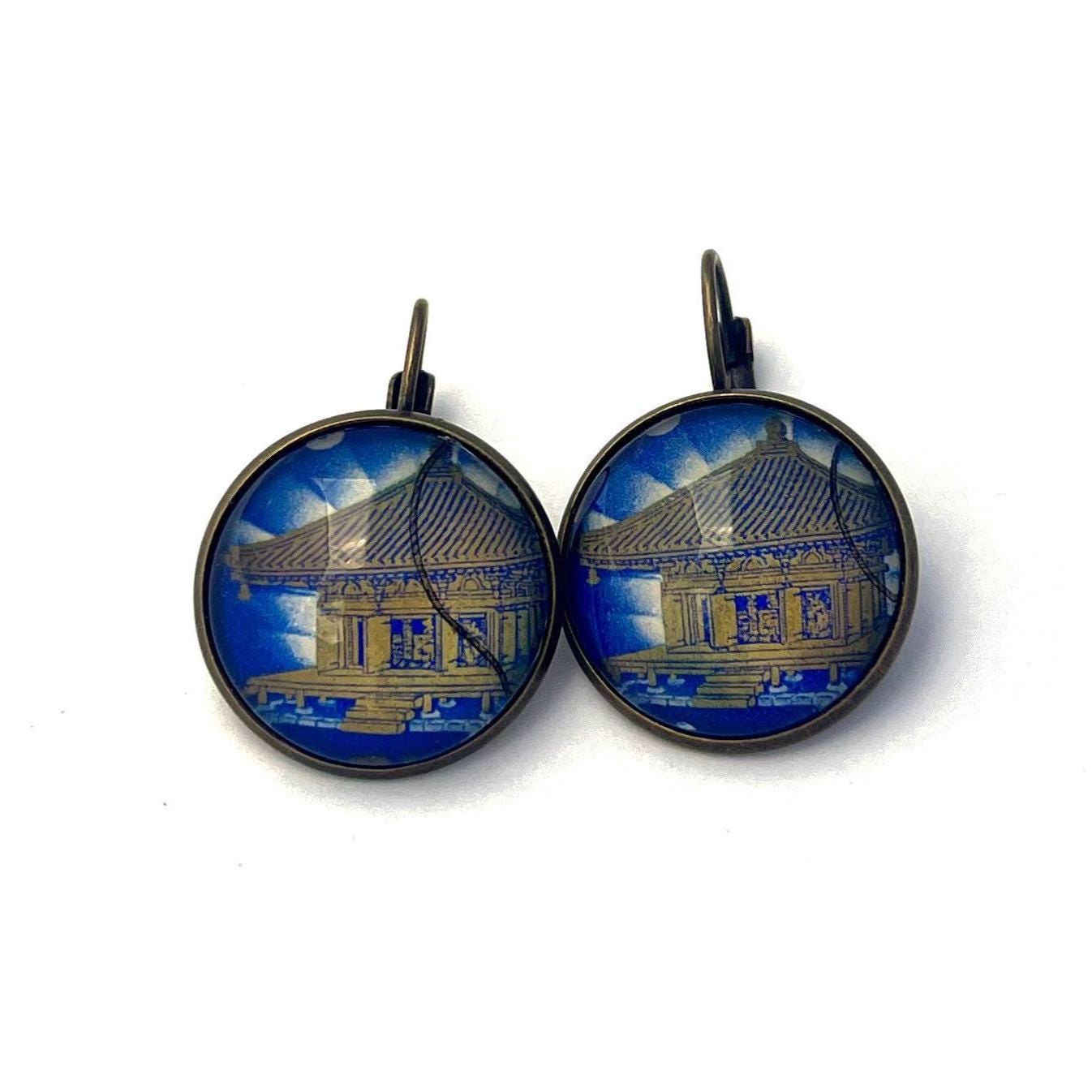 1968 Chusonji Temple -Japan Stamp - Postage stamp jewelry - Vintage Postage Stamp Earrings - French clip earrings in antique bronze finish