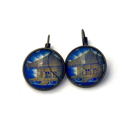 1968 Chusonji Temple -Japan Stamp - Postage stamp jewelry - Vintage Postage Stamp Earrings - French clip earrings in antique bronze finish