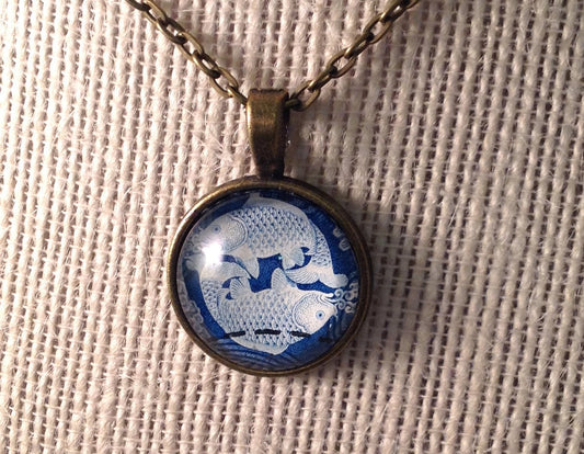 1969 Blue Carp Necklace - Postage Stamp Necklace