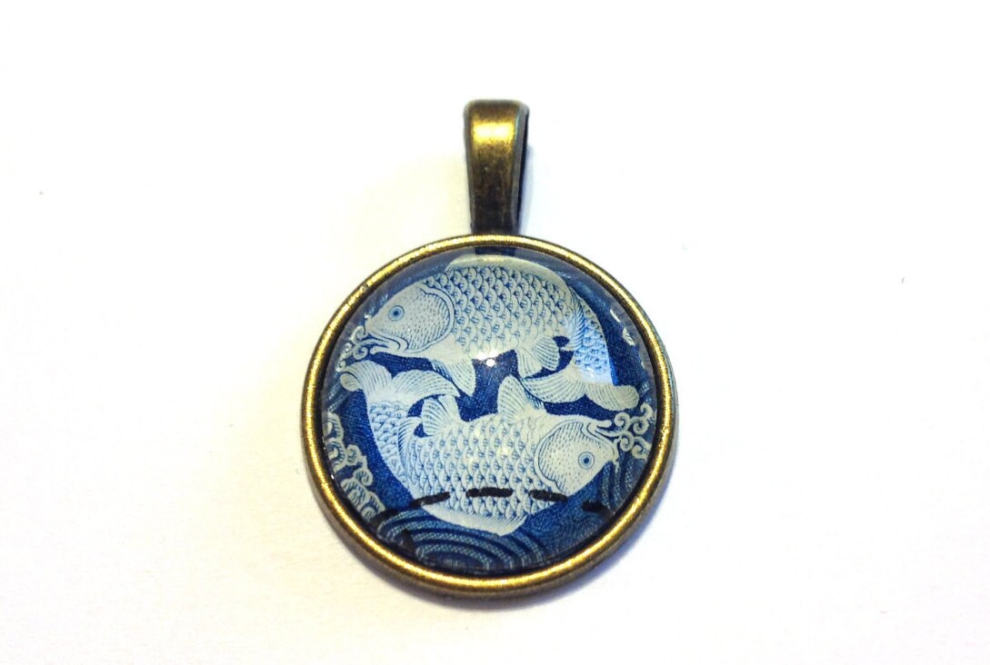 1969 Blue Carp Necklace - Postage Stamp Necklace