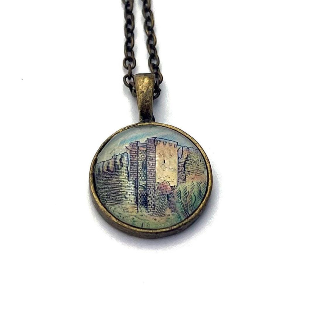 1980 Bosa Castle - Italy Stamp - Postage Stamp Jewelry - Vintage Postage Stamp Necklace - Antique Bronze Finish