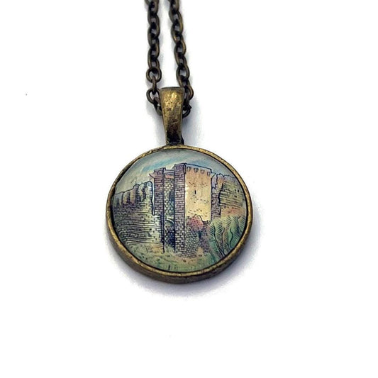 1980 Bosa Castle - Italy Stamp - Postage Stamp Jewelry - Vintage Postage Stamp Necklace - Antique Bronze Finish