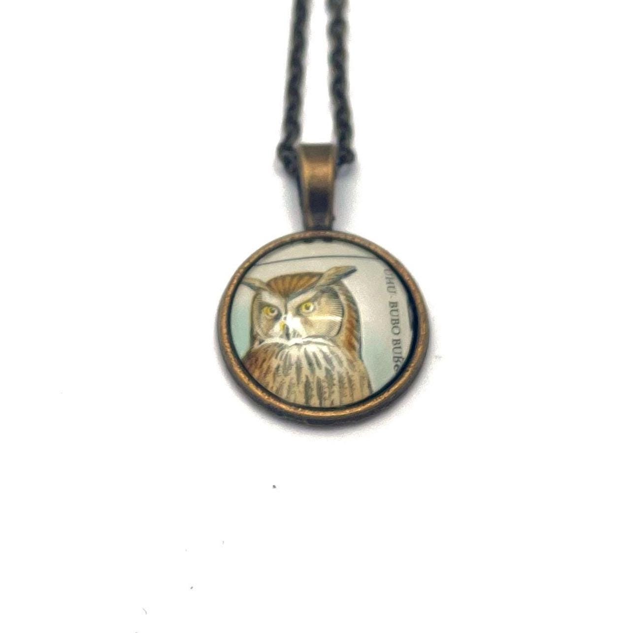 1984 Eurasian Eagle Owl - Hungary Postage Stamp Jewelry - Vintage Postage Stamp Necklace - Antique Bronze Finish