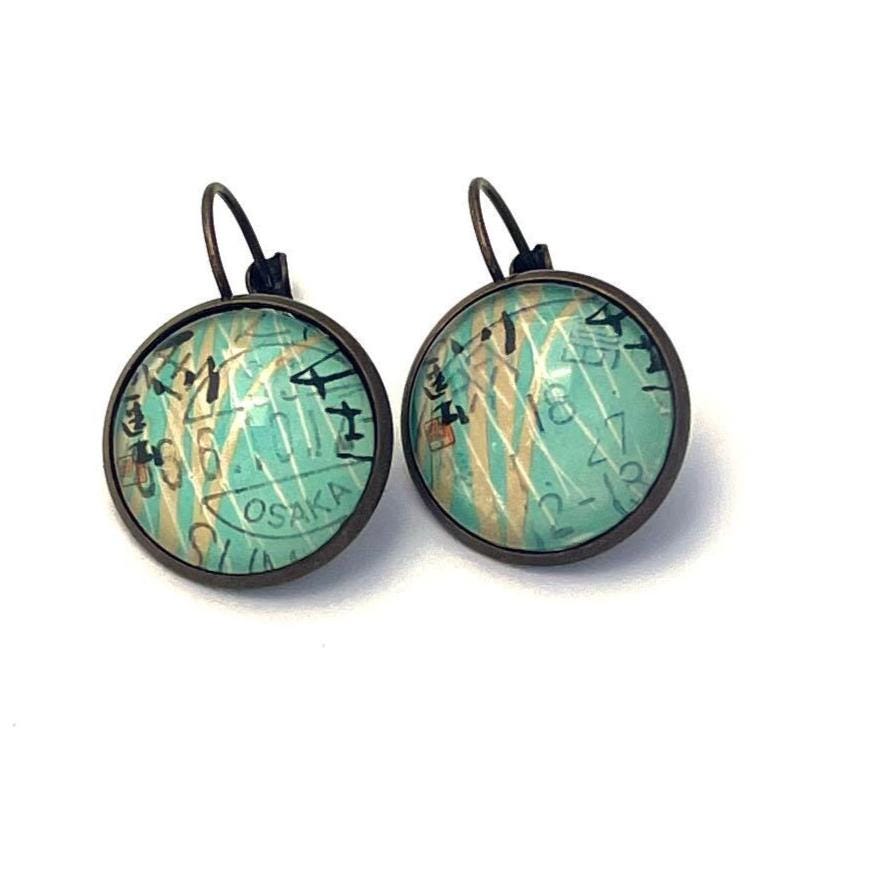 1988 Basho Matsuo Poem - Japan Postage Stamp Jewelry - Vintage Postage Stamp Earrings - French clip earrings in antique bronze finish
