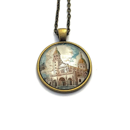 1958 Manila cathedral - Philippines Stamp - Postage Stamp Jewelry - Vintage Postage Stamp Necklace - Antique Bronze