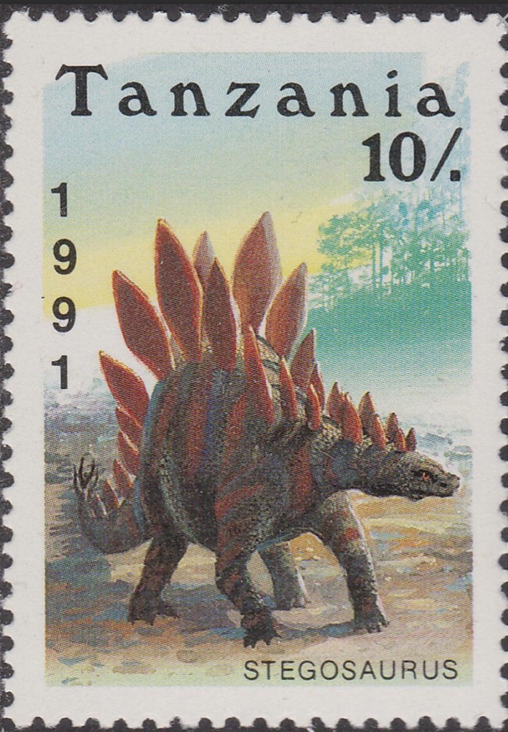 1991 Stegosaurus - Tanzania Postage Stamp Jewelry - Vintage Postage Stamp Necklace - Antique Bronze