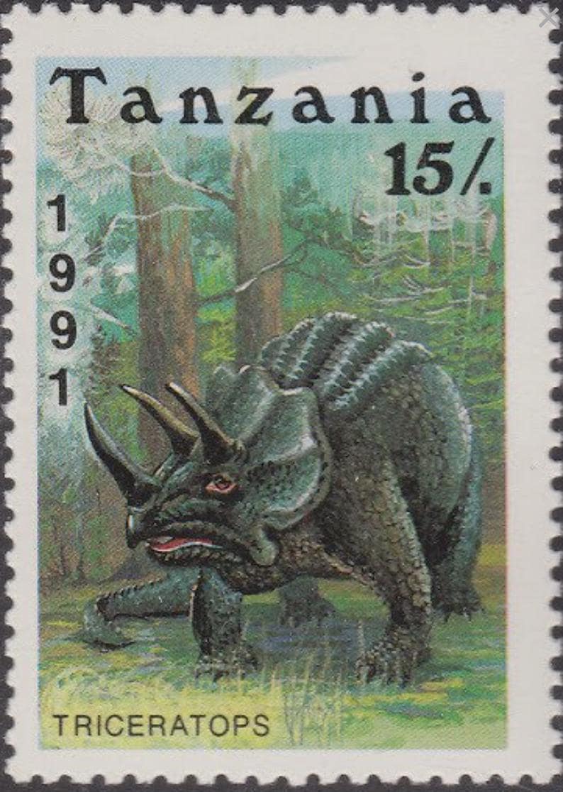 1991 Triceratops - Tanzania Postage Stamp Jewelry - Vintage Postage Stamp Necklace - Antique Bronze