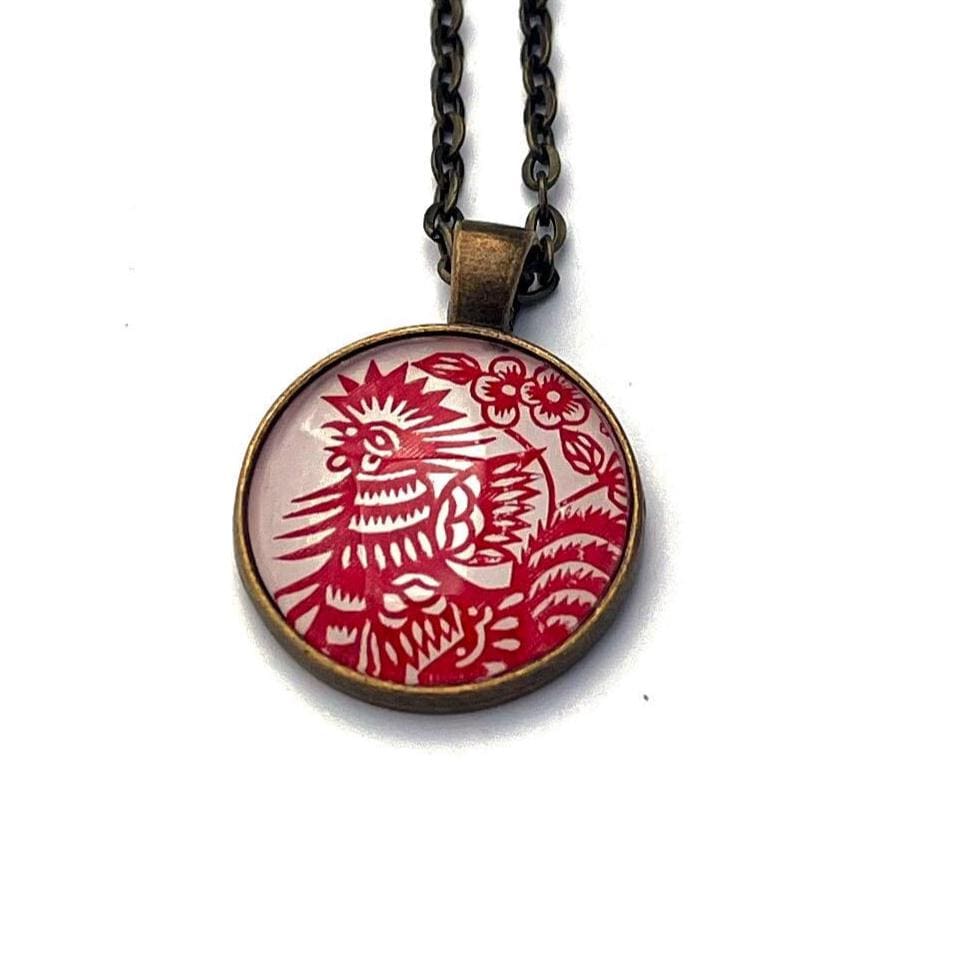 1993 Rooster - China Stamp - Postage stamp jewelry - Postage Stamp Necklace