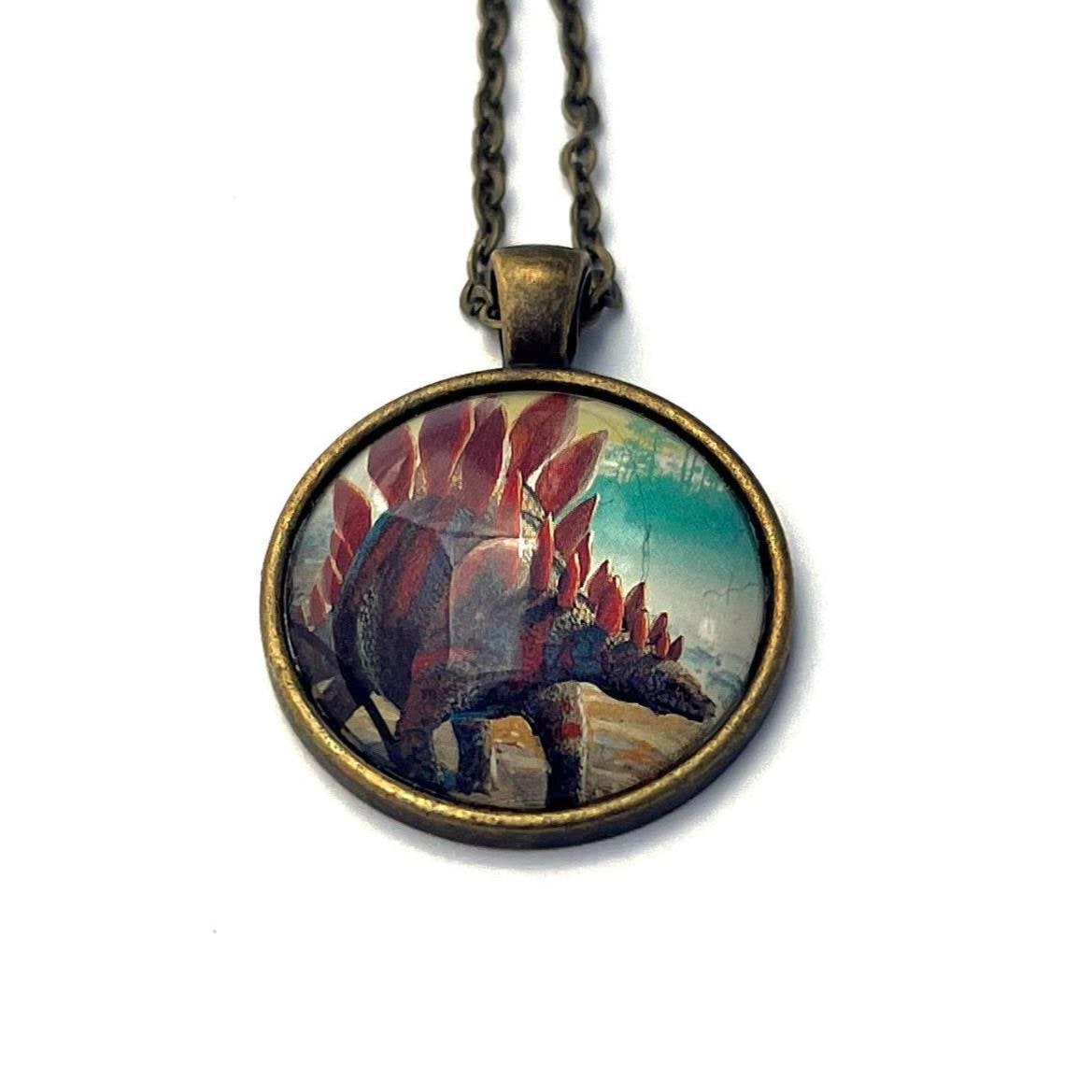 1991 Stegosaurus - Tanzania Postage Stamp Jewelry - Vintage Postage Stamp Necklace - Antique Bronze
