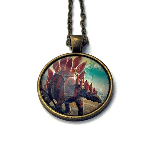 1991 Stegosaurus - Tanzania Postage Stamp Jewelry - Vintage Postage Stamp Necklace - Antique Bronze