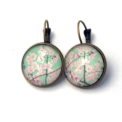 2014 Cherry Blossom - Japan Stamp - Postage stamp jewelry - Vintage Postage Stamp Earrings - French clip earrings in antique bronze finish