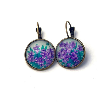 2014 Violets - Japan Stamp - Postage stamp jewelry - Vintage Postage Stamp Earrings - French clip earrings in antique bronze finish