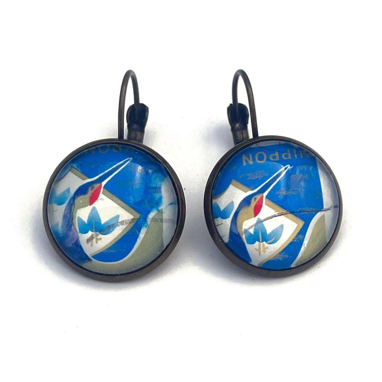 2019 Blue Crane - Japan Stamp - Postage stamp jewelry - Vintage Postage Stamp Earrings - French clip earrings in antique bronze finish